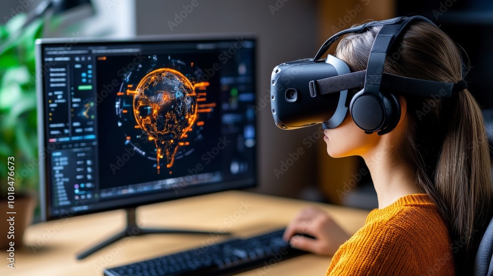 Poster immersed in innovation: a young woman explores the boundless possibilities of virtual reality, her g