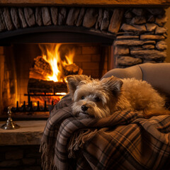 Dog relaxing near burning fireplace with a blanket enjoying a cozy autumn evening