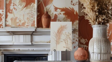 chic interior featuring dried floral artwork on display, accompanied by rustic ceramic vases in earthy tones,