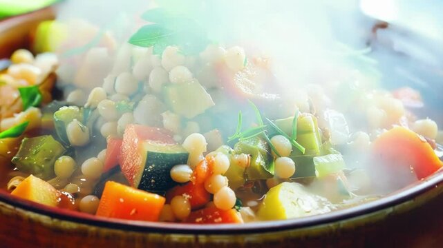 Hearty soup with fresh veggies and herbs in a ceramic bowl, perfect for a cozy meal in colder months. Enjoy this healthy, homemade dish for lunch or dinner
