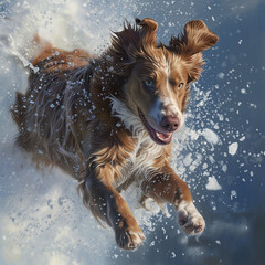 A dog running through the snow. Dog in the snow jumping front view.