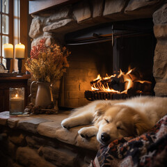 Dog relaxing near burning fireplace with a blanket enjoying a cozy autumn evening