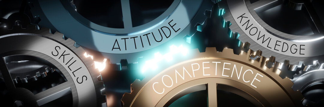 Skills, attitude, knowledge, competence - gears concept - 3D illustration