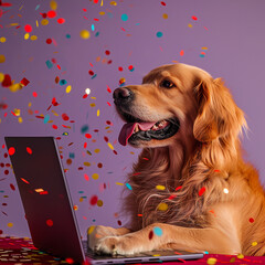 Happy dog sitting at a laptop computer with confetti and streamer in the air in celebration. Golden Retriever dog surfing the internet and celebrating.