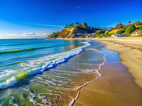 Doheny State Beach features serene golden sands and gentle waves, framed by a clear blue sky, offering a