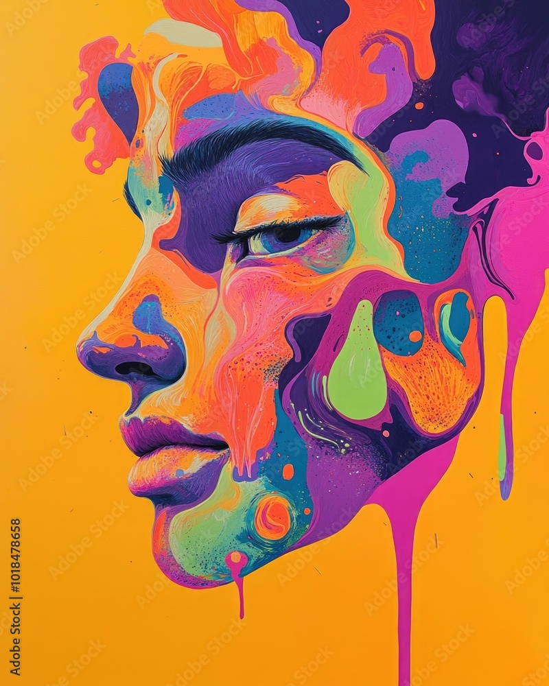 Poster surreal mesmerizing portrait with melting features and dreamlike abstract symbols vibrant colors com