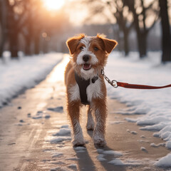 Dog walking on a tree lined path on a snowy day. Dog on leash in winter day.