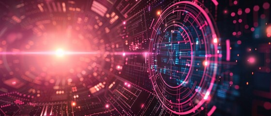 An abstract digital image with vibrant colors, geometric shapes, futuristic theme. Central circular formation, pink/blue lights, space ambiance, tech interface elements, hexagon patterns.