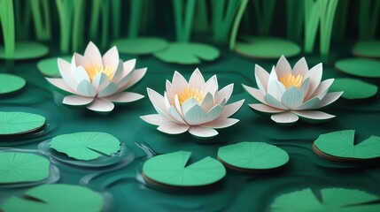 Three water lilies are gracefully floating on a lake abundant with leaves Water lilies floating on a leaf covered lake