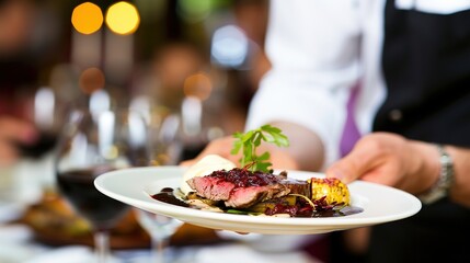 Chef holding a plate of beautifully arranged gourmet food, with a satisfied smile, symbolizing high food expectations and culinary excellence.