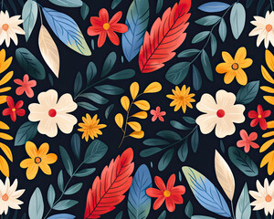 Colorful floral pattern with leaves on a dark background, vibrant and lively.