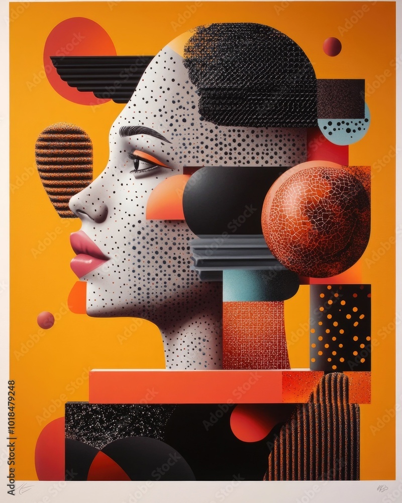 Poster striking and visually captivating abstract geometric poster featuring a blended figurative form amid
