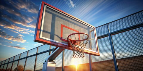 Draw a rectangle for the backboard. Add a circular hoop in the center. Sketch netting below the hoop and finish with supportive poles and shadows.