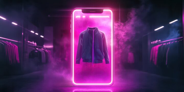 Virtual clothing store inside a smartphone, displaying a floating jacket in vibrant neon lights, holographic shopping icons, empty space for advertising