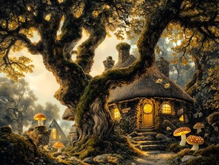 Fototapeta premium Enchanting Autumn Cottage in Whimsical Woodland Landscape with Glowing Lanterns and Mushrooms