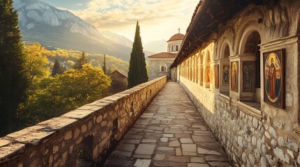 Obraz premium Serene Autumn Walkway Leading to Historic Mountainside Monastery