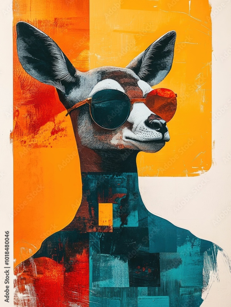 Poster surreal animal portrait featuring floating abstract elements a minimalist color scheme and bold text