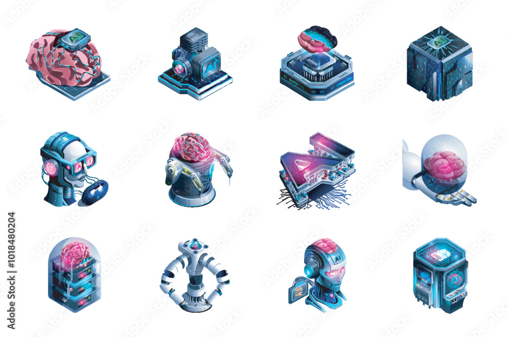 Aufkleber Artificial intelligence web concept of 3d isometric icons set in isometry design. Machine learning, smart robots, engineering cyborg mind, microchips with neural system, other. Vector illustration.