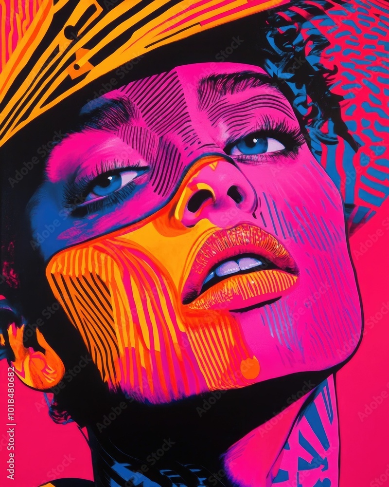 Poster captivating surreal pop art portrait featuring exaggerated facial features and vibrant neon colors b
