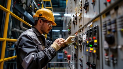 Worker in safety gear adjusts control panel in formal, safe manufacturing setting. Yellow hard hat, gloves, and uniform highlight emphasis on safety.