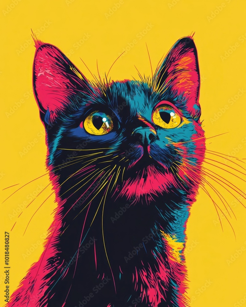 Poster striking and colorful feline poster featuring a stylized cat with exaggerated lines and vibrant neon