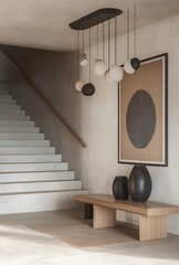 A minimalist entryway with an open staircase and contemporary bench, lit by a unique chandelier.