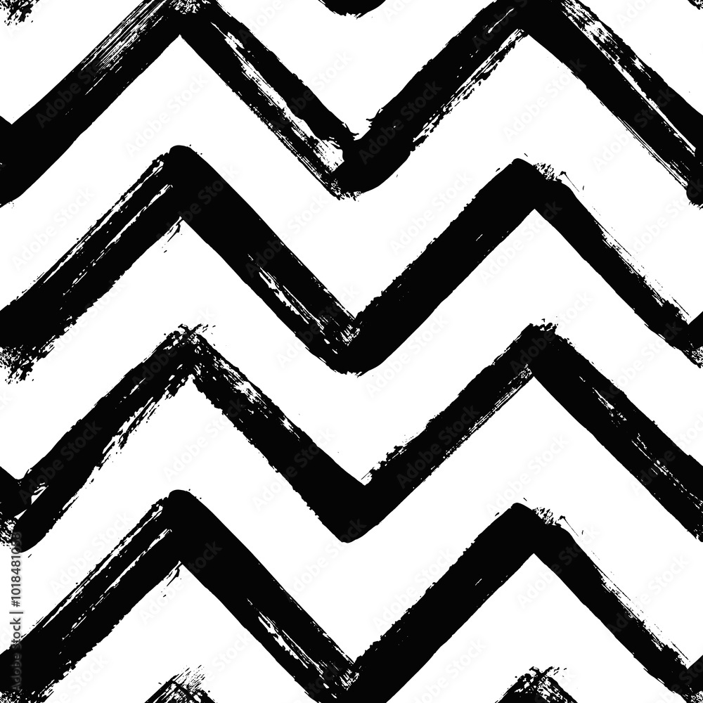 Aufkleber Vector chevron pattern. Seamless black and white brush stroke background. Zig zag print with distress texture. Painted ornament for kids. Childish design