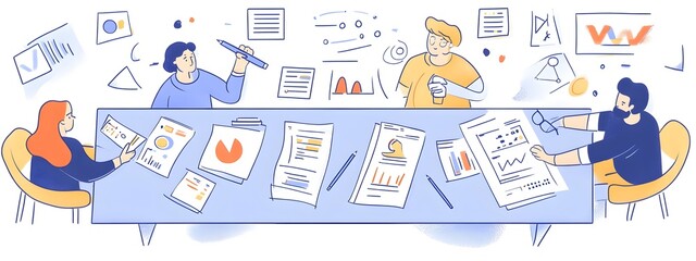 Fototapeta premium Flat vector illustration of a business team working together on a project, with charts and graphs laid out on the table