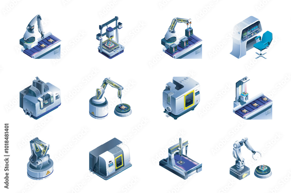 Aufkleber Automation of production web concept of 3d isometric icons set in isometry design. Robotic arms for conveyor, automatic manufacturing line, microchip processing, printing, other. Vector illustration.