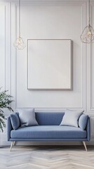 Elegant living room interior with blue sofa, geometric pendant lights, and blank canvas on white wall, showcasing modern minimalist design style.