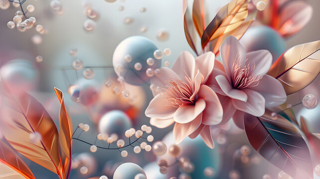 abstract art composition of spheres leaves and flwer