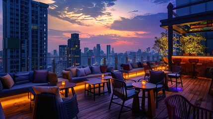 Hotel rooftop bar with stunning views and luxurious seating