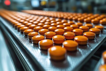 Obraz premium Automated Assembly Line of Orange Tablets in Pharmaceutical Manufacturing