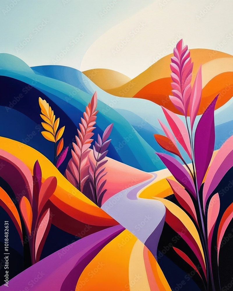 Poster colorful and stylized landscape with exaggerated shapes and patterns set against a minimalist geomet