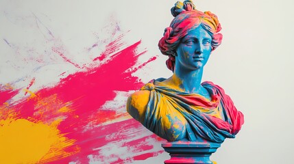 Fototapeta premium Old statue bust with graffiti and vibrant paint applied on a light background. street-style fashion. Collage art of the present day. Postmodern, imaginative, creative, and pop art concepts. 