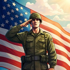 Military officer soldier man in uniform saluting american flag veterans memorial armed forces independence day illustration   