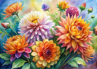Obraz premium A lively watercolor flower painting on paper, featuring soft pastel hues and flowing brush strokes that create a delicate and enchanting floral artwork.