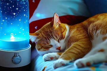 A cat curled up and sleeping next to a person in bed, with a soft night glow from a bedside lamp, symbolizing the peaceful coexistence during sleep at night