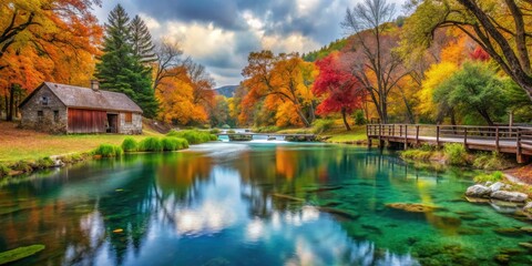 Fototapeta premium Alley Springs, Missouri captivates with its autumnal charm, where colorful foliage dances above serene waters, creating a peaceful retreat into natureâ€™s breathtaking landscape.