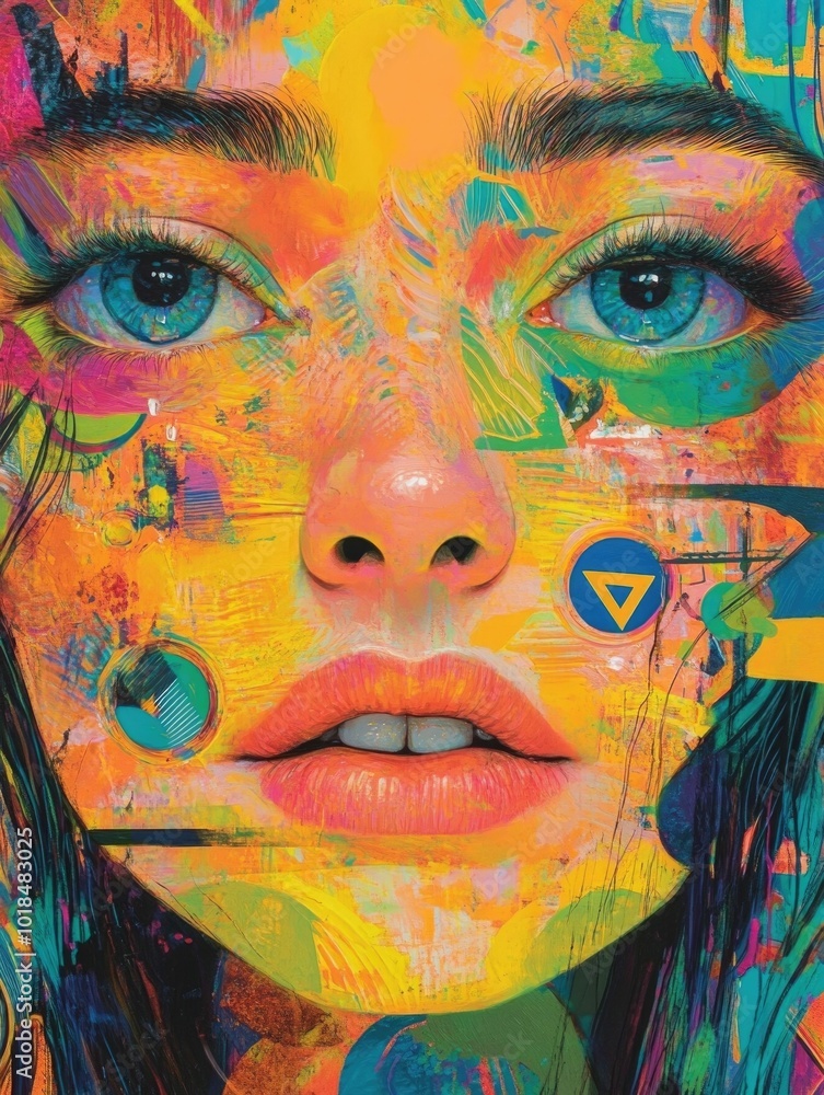 Poster a captivating surreal digital portrait featuring fragmented facial features floating eyes and abstra