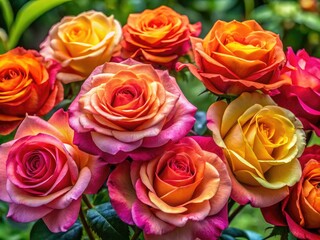 Naklejka premium A lovely display of a dozen bright roses in full bloom, showcased against a tender background, radiating elegance and sophistication in every detail.