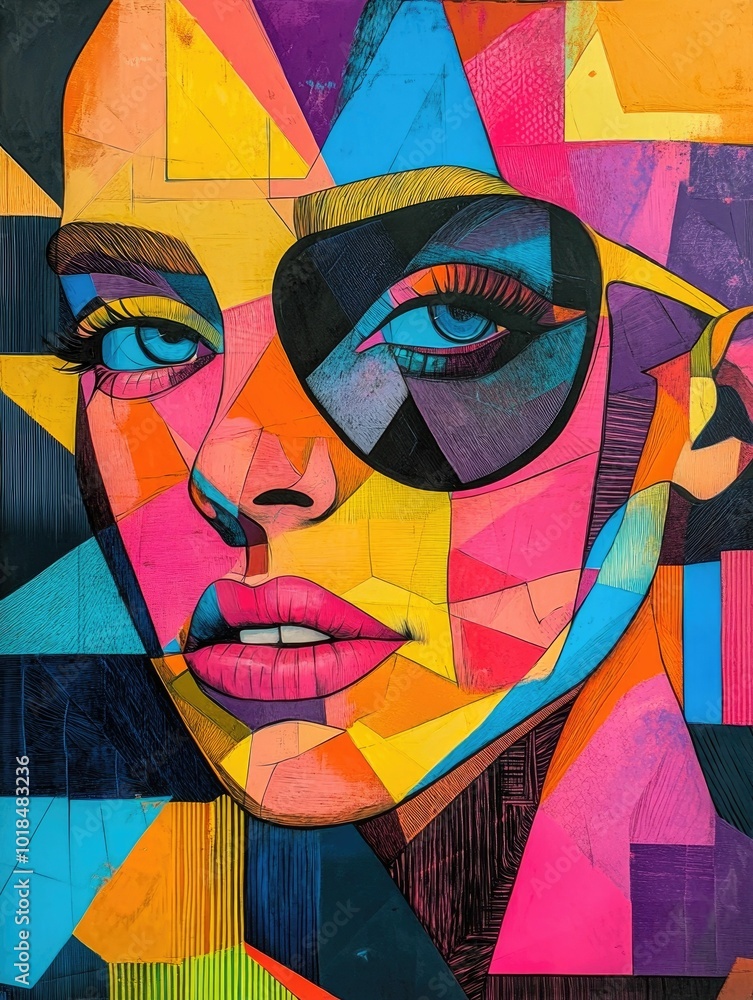 Poster vibrant and eye catching pop art portrait featuring an abstract face with exaggerated features bold 