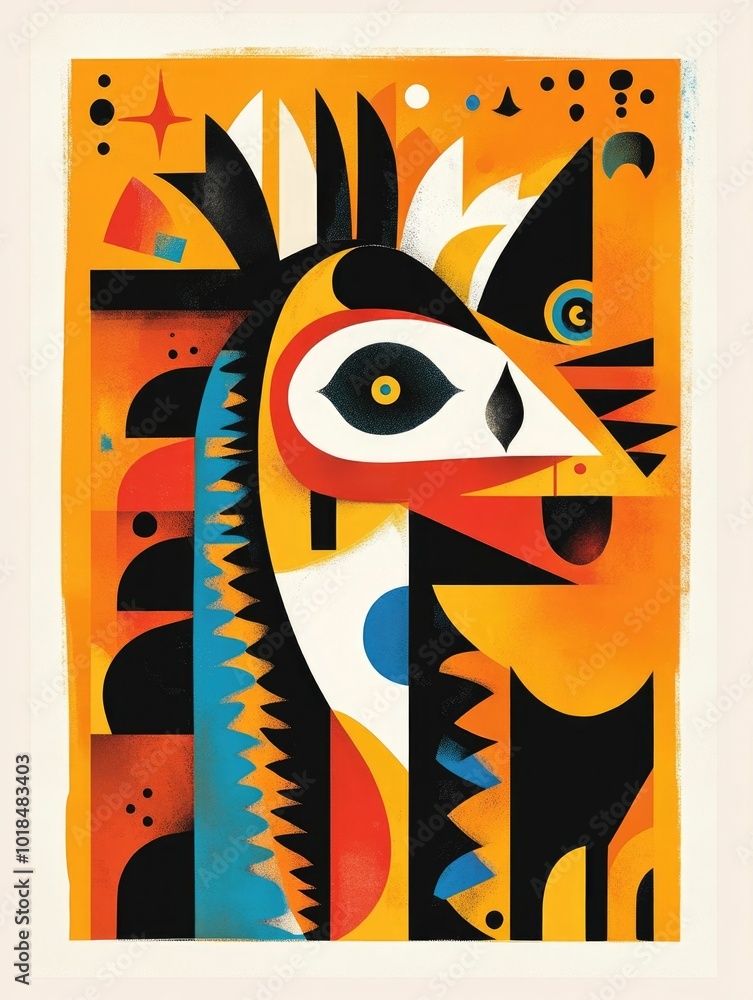 Poster Vibrant and dynamic minimalist poster design featuring abstract animal shapes and symbolic geometric elements