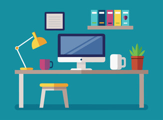 Colorful Flat Design of a Study Desk with Books and Files - Home Office or Library Concept