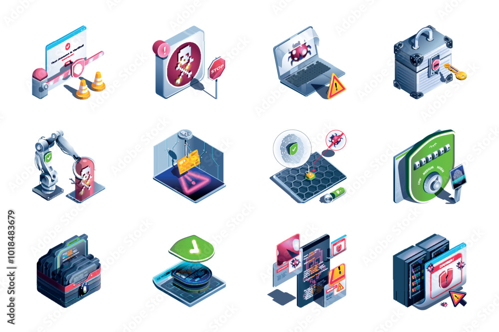 Poster Cyber security web concept of 3d isometric icons set in isometry design. Firewall shield, stop bugs and viruses, access with key, warning danger, computer technology, other. Vector illustration.