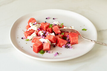plate with salad with watermelon, ricotta and mint on light table