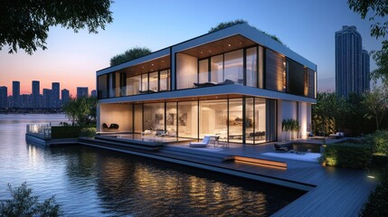 Modern minimalist house by the river, architecture 3d Rendering, AI generated image