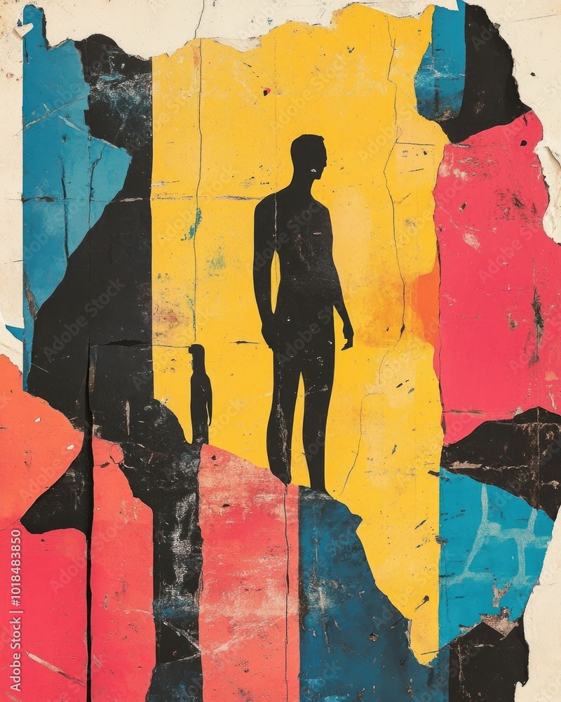 Poster striking abstract poster design featuring fragmented human silhouette figures surrounded by bold geo