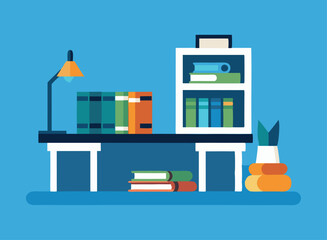 Colorful Flat Design of a Study Desk with Books and Files - Home Office or Library Concept