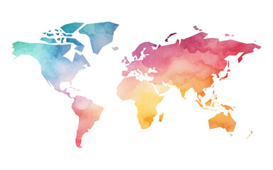 A vibrant watercolor world map features a blend of soft colors, showcasing the continents with artistic textures. Perfect for design projects and educational materials.